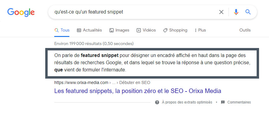 Illustration d'un Featured Snippets